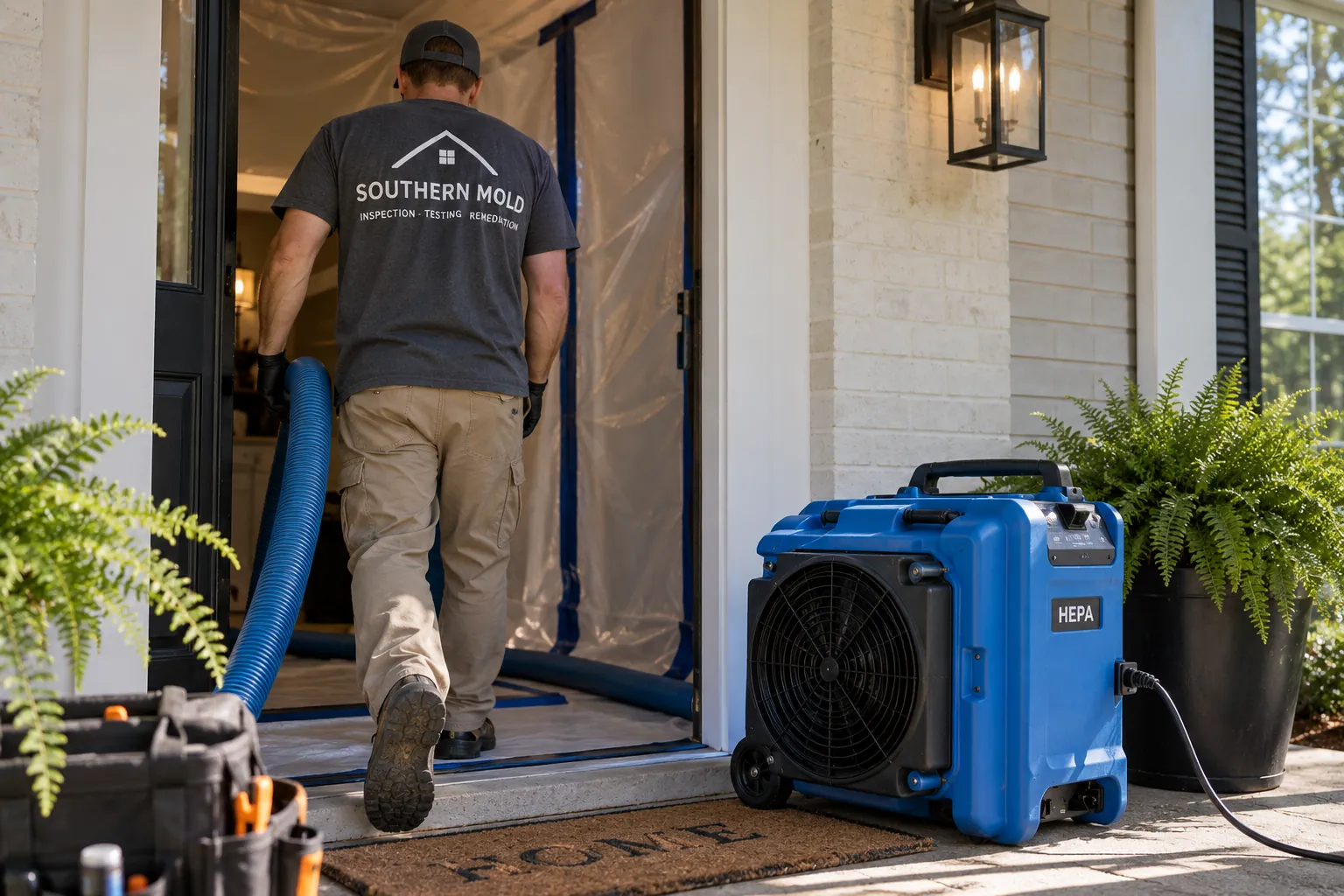 Southern Mold technician carrying equipment into a home set up for containment