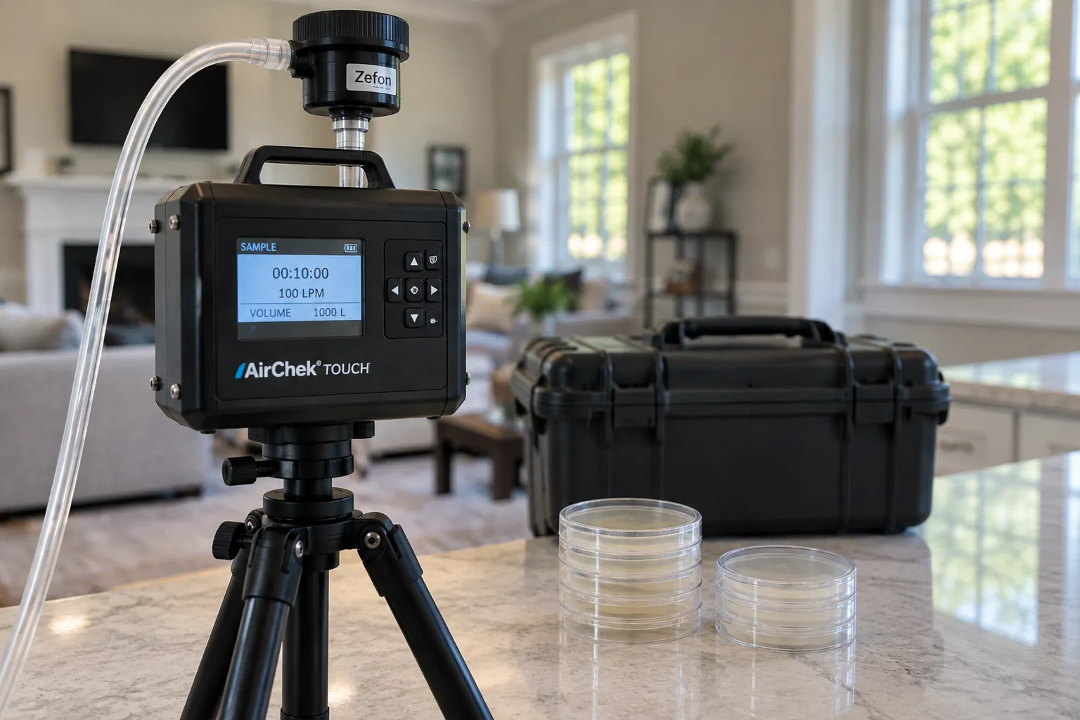 Air sampling pump on a tripod set up inside a home for mold sampling