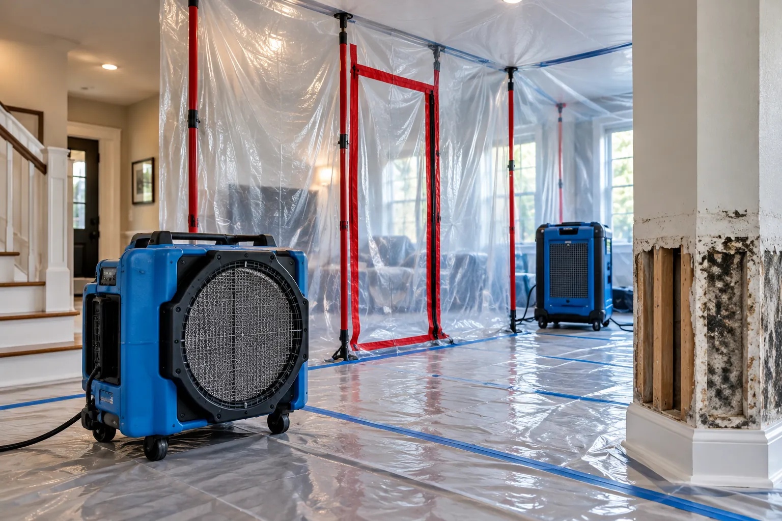Plastic containment with drying and air-management equipment set up in a damaged room