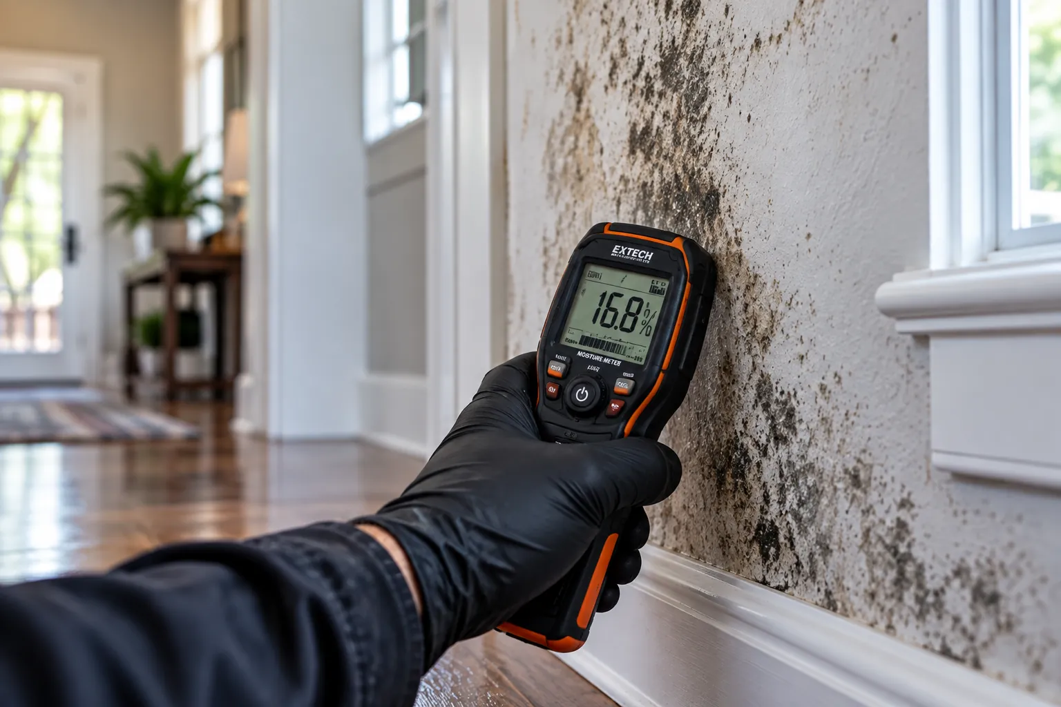 Moisture meter held against a wall with dark mold growth during a mold inspection