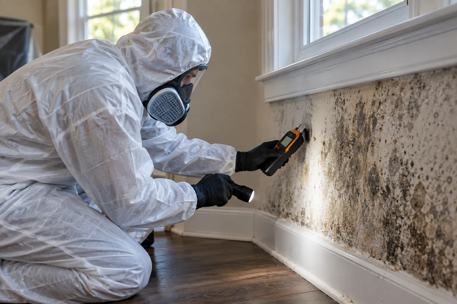 Technician in protective clothing inspecting mold growth on a wall before remediation